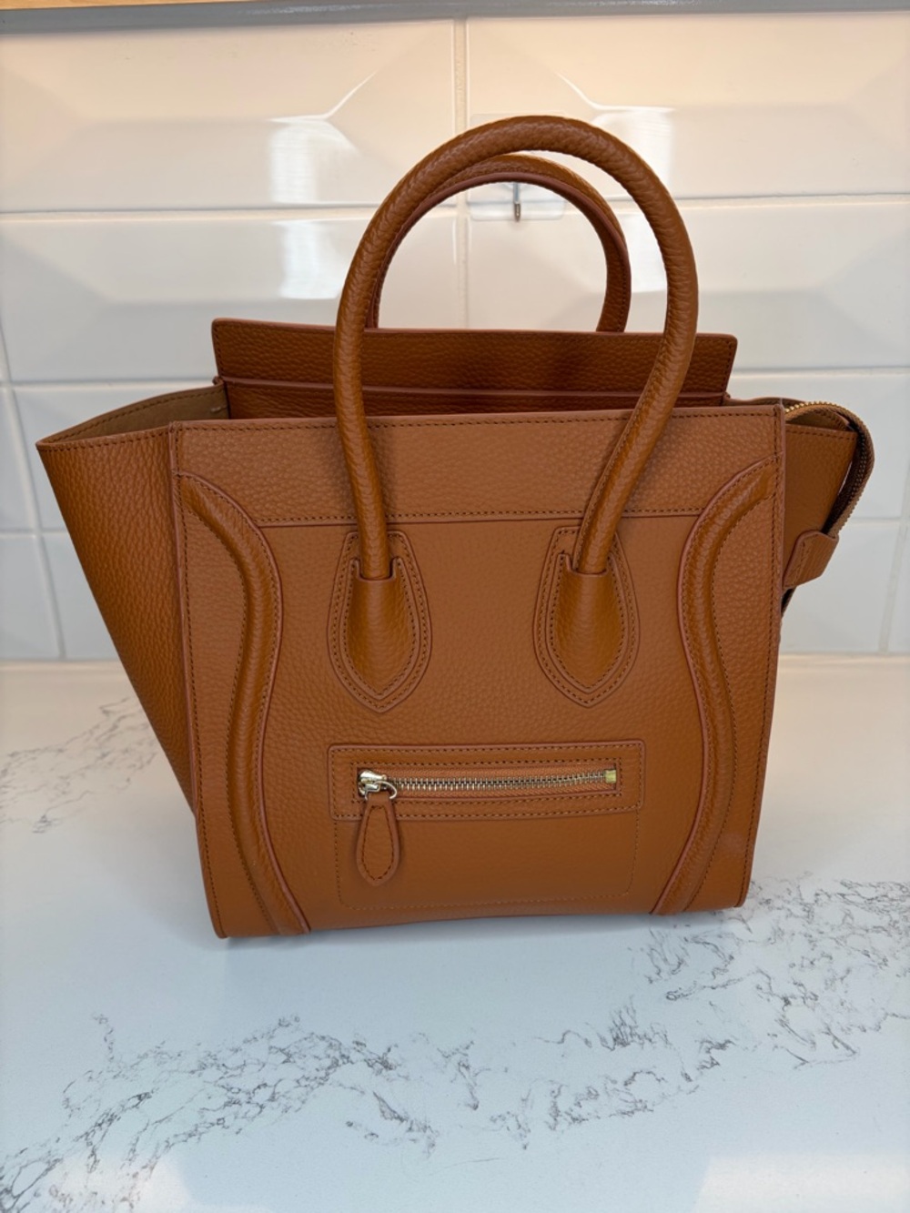 Brown Pebbled Leather Structured Tote Luggage Style Top Handle Satchel Bag
